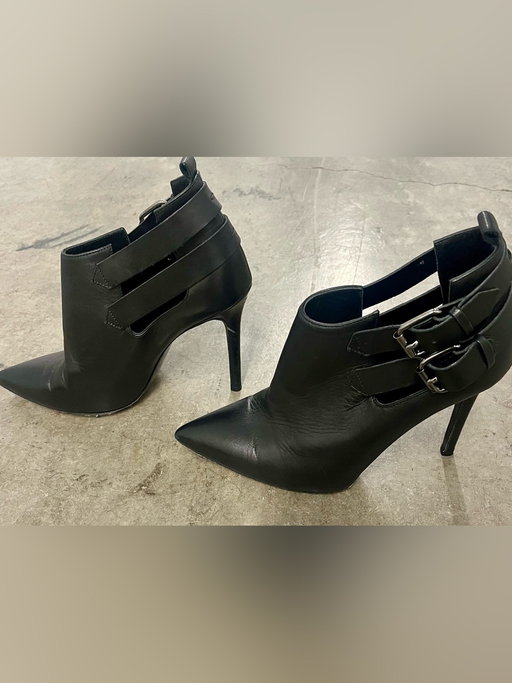 Women's All Saints Kira Black Pointed Stiletto Ankle Boots with Buckle Straps